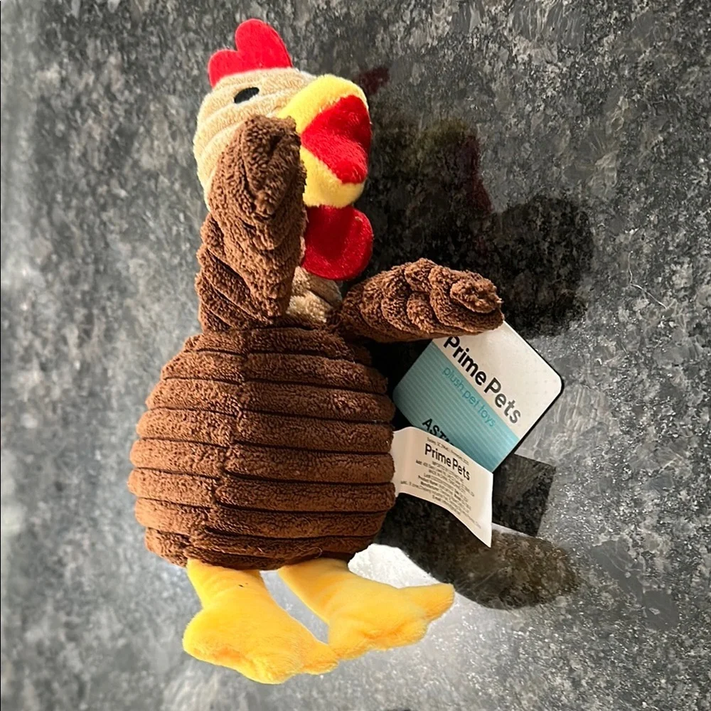 Prime Pets Plush Rowdy Rooster Squeaky Dog Toy Brown, Red & Yellow NWT 8” x 6